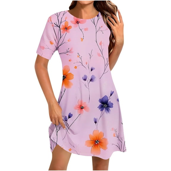EINCcm Women's T Shirt Dress Short Sleeve Round Neck Spring Summer Casual Loose Flowy Swing Midi Tunic Dresses