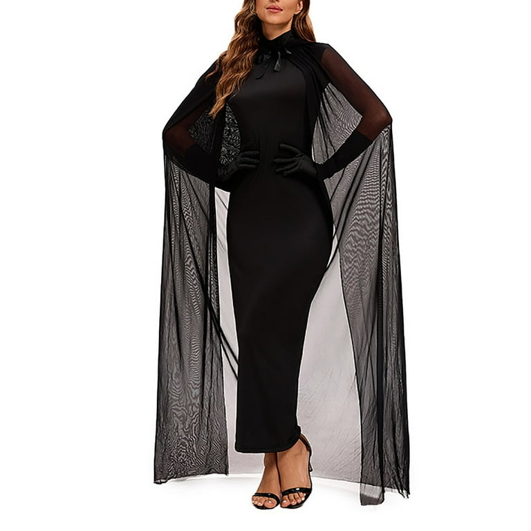 EINCcm Women s Vintage Dresses Short Sleeve Crew Neck Slim Fit Long Dress with Black Cloak Hooded Mesh Cape Robe Outfit Renaissance Medieval Costume Dress Walmart