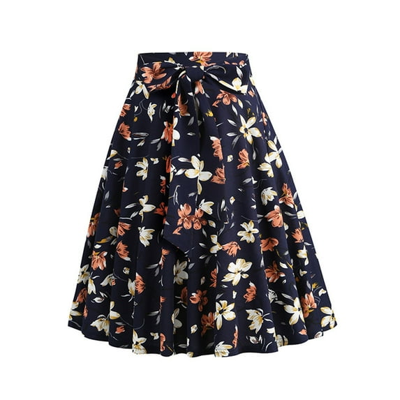 EINCcm Women's Vintage Flared Midi Skirt 1950s Belted Short Skirt Floral Print A-Line Vintage Long Skirts