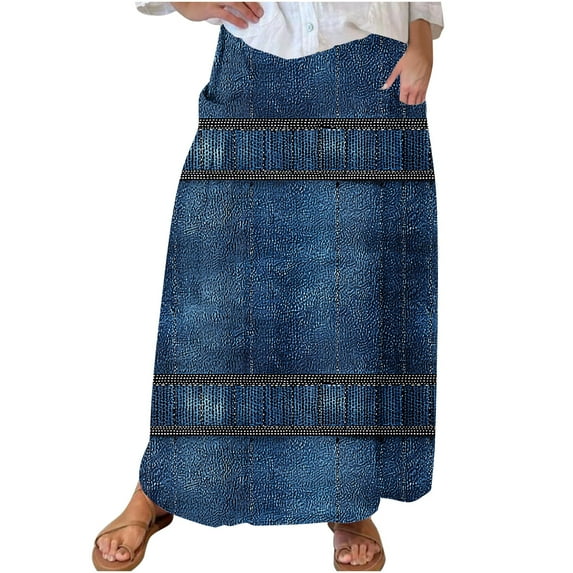 EINCcm Women's Vintage Maxi Skirt Frayed Hem A Line Long Maxi Denim Skirt Elastic High Waist Retro Jeans Skirt