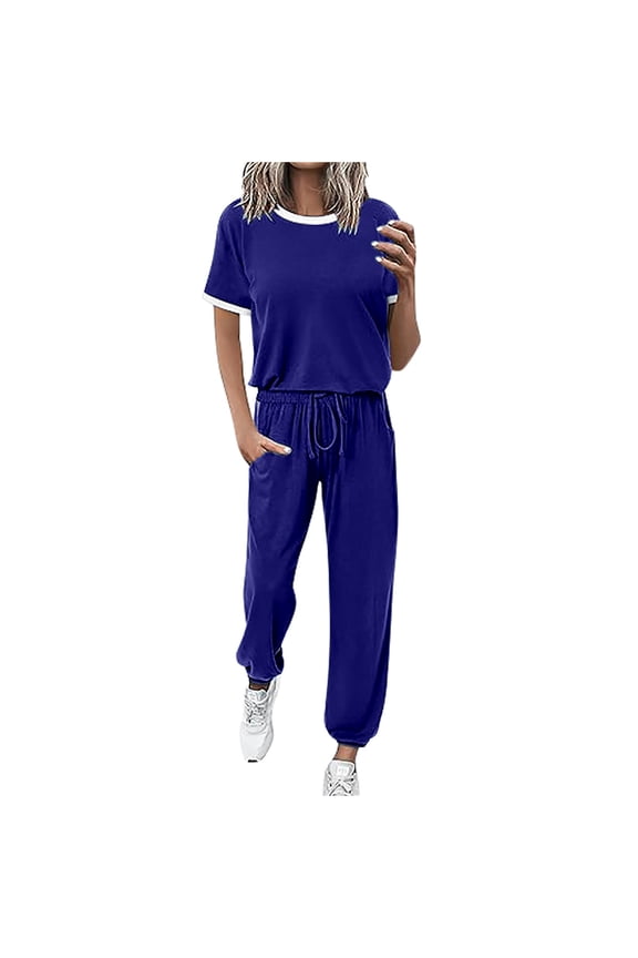 Womens 2 Piece Outfits Summer Tracksuit Sets Short Sleeve Tops Travel Drawstring Long Pants Jogger Lounge Set