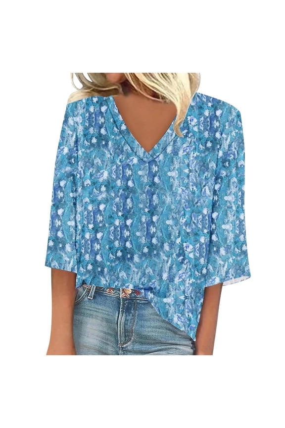 Womens 3/4 Sleeve Tops CasualV Neck Going Out Tunic Tops Trendy Graphic T Shirts Loose Blouses