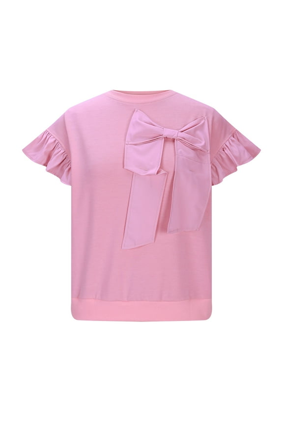 Womens Blouse Pink Cute Ruffle Short Sleeve T Shirts Summer Casual Bow Decor Tops Loose Fit Crew Neck Tees