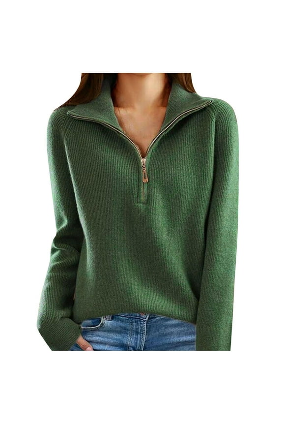 Womens Cable Knit Sweater Half Zip Collared Long Sleeve Vintage Pullover Sweater Top