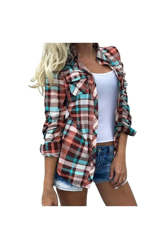 Womens Casual Plaid Shirt Cuffed Long Sleeve Boyfriend Button Down Shirts Tops with Pockets