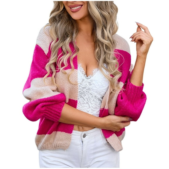 EINCcm Womens Color Block Striped Cardigan Sweaters Knitted Open Front Long Sleeve Cropped Cardigans