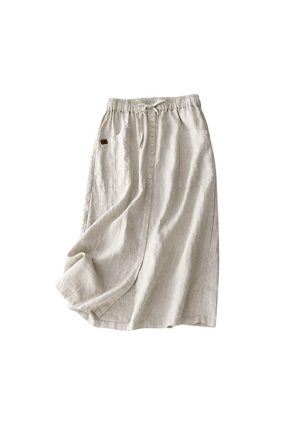 Womens Cotton Linen Skirts Casual Drawstring High Waist Midi Skirt with Pocket Casual Button Down Midi Skirts with Slit