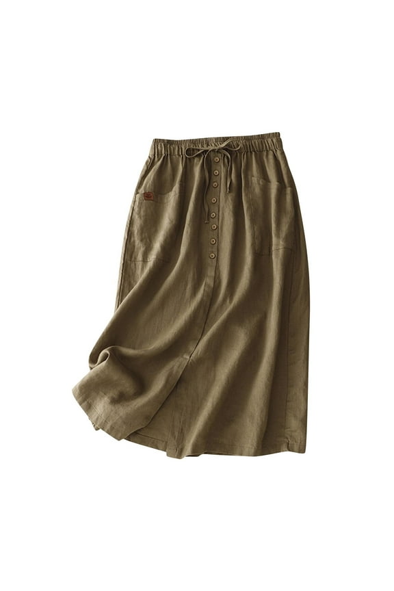 Womens Cotton Linen Skirts Casual Drawstring High Waist Midi Skirt with Pocket Casual Button Down Midi Skirts with Slit