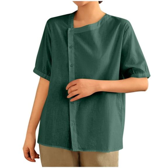 EINCcm Womens Cotton Linen Tops Crew Neck Short Sleeve T Shirts Trendy Side Buttton Down Floral Dressy Blouses