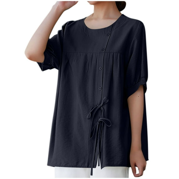 EINCcm Womens Cotton Linen Tops Crew Neck Short Sleeve T Shirts Trendy Side Lace Up Floral Dressy Blouses