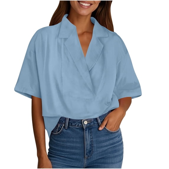 EINCcm Womens Dressy Casual Blouse Business Short Sleeve Collared Tops V Neck Work T Shirt