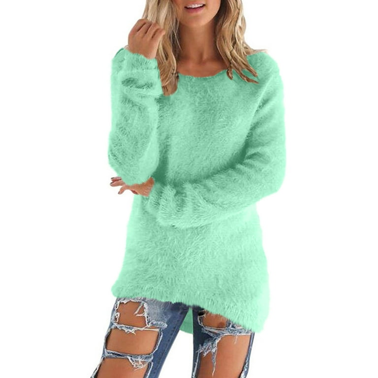 EINCcm Womens Fuzzy Pullover Sweater Casual Long Sleeve Fall Winter Sweaters Crew Neck Solid Soft Tops Loose Fit Jumper Walmart