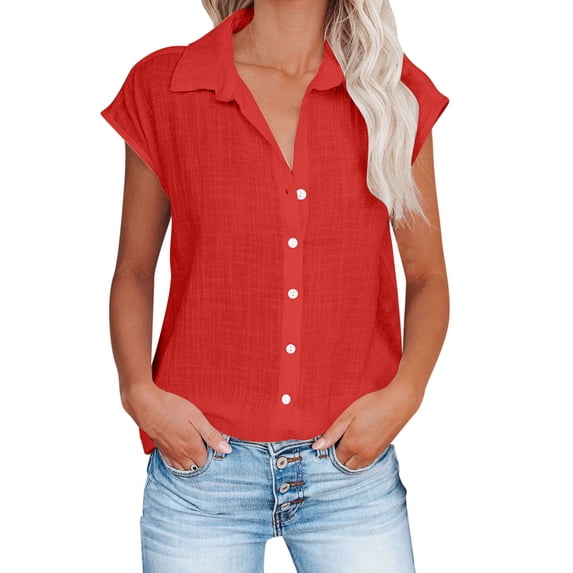 EINCcm Womens Linen Button Down Shirts Short Sleeve Summer V Neck Collared Casual Shirt Tops