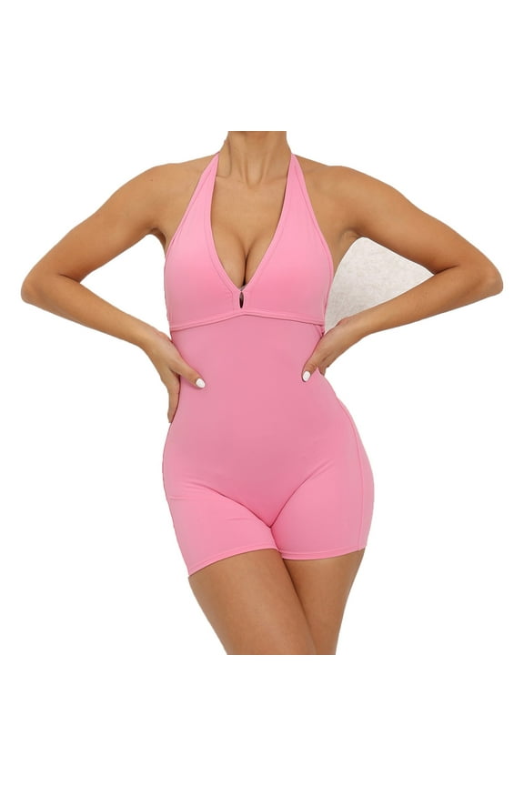 Womens Nude Feeling Halter Yoga Summer Jumpsuit Solid Seamless Backless Workout Athletic Bodysuit Tracksuit Sport Rompers
