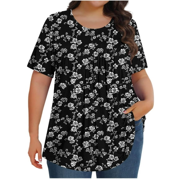 EINCcm Womens Plus Size Tops Tunic Short Sleeve Crew Neck Shirts Casual Floral Print Soft Blouse