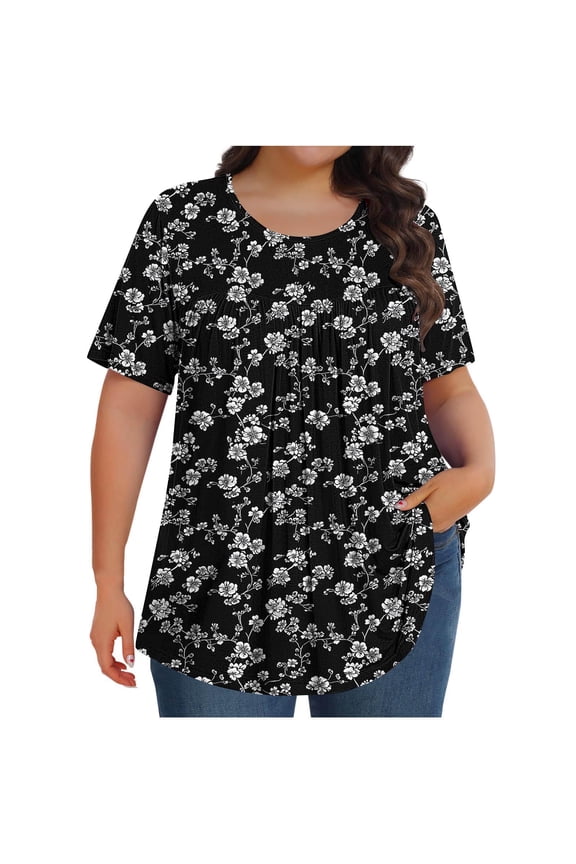 Womens Plus Size Tops Tunic Short Sleeve Crew Neck Shirts Casual Floral Print Soft Blouse
