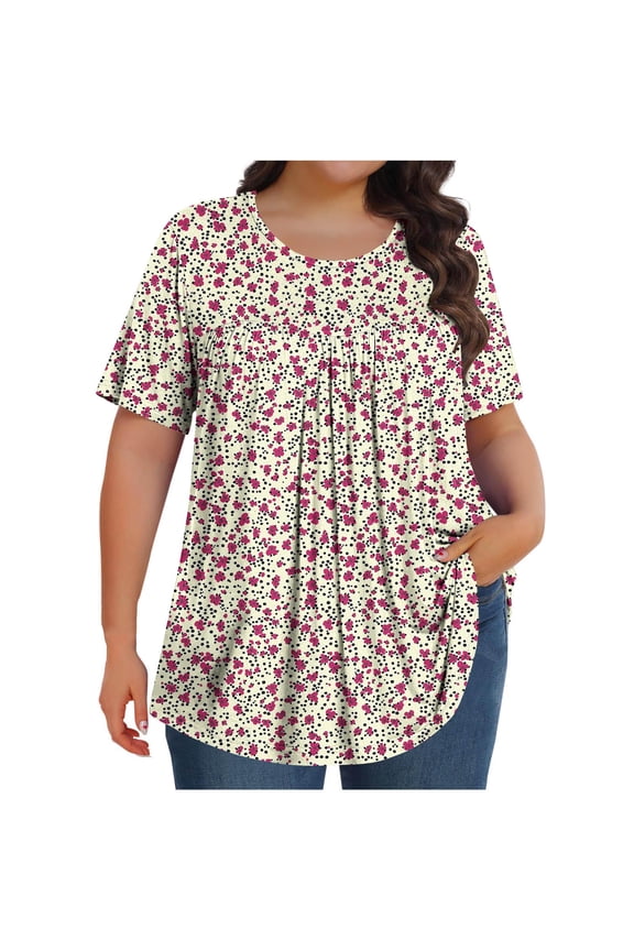 Womens Plus Size Tops Tunic Short Sleeve Crew Neck Shirts Casual Floral Print Soft Blouse