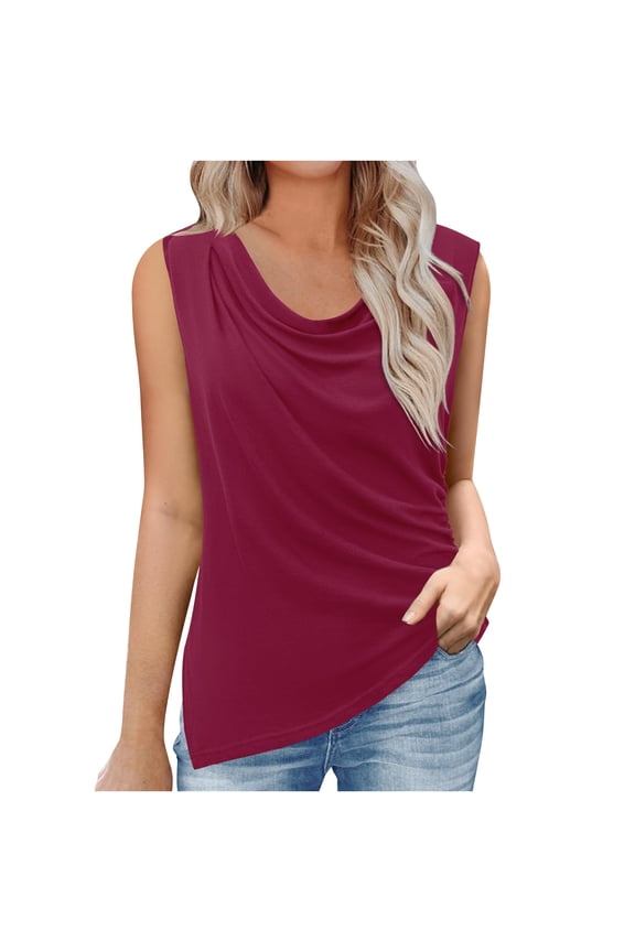 Womens Round Neck Tank Tops Summer Loose Sleeveless Shirts Pleat Solid Casual Blouse