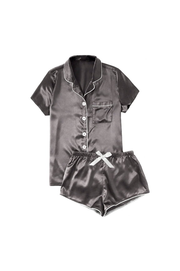 Womens Satin Silk Pajamas Set Summer Short Sleeve Button Down Top and Shorts Sleepwear 2 Piece Pjs Set