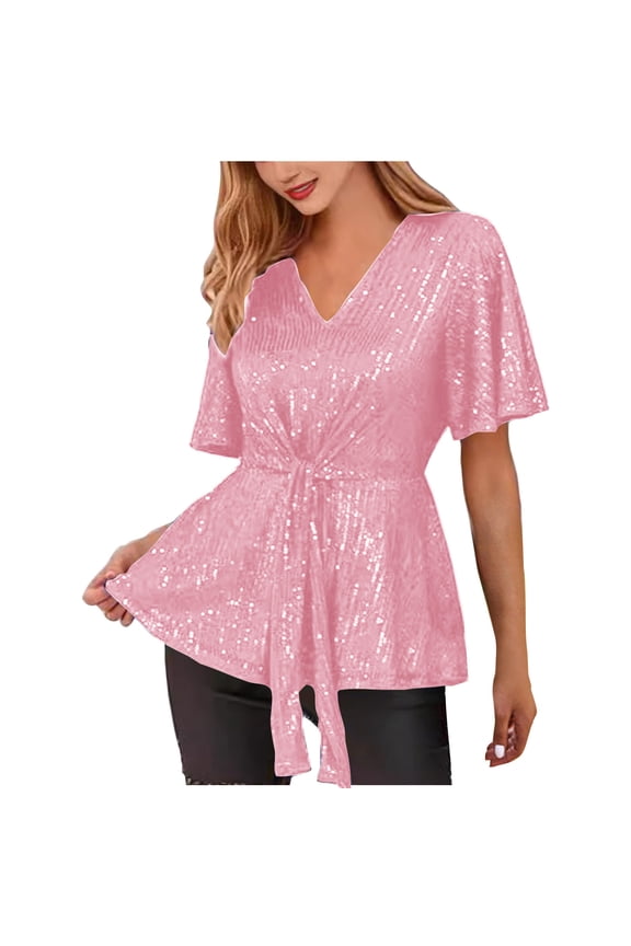 Womens Sequin Sparkly Tops 3/4 Sleeve Glitter Dressy Blouses V Neck Peplum Tops for Evening Party