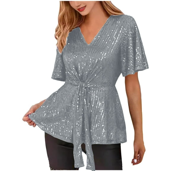 EINCcm Womens Sequin Sparkly Tops 3/4 Sleeve Glitter Dressy Blouses V Neck Peplum Tops for Evening Party