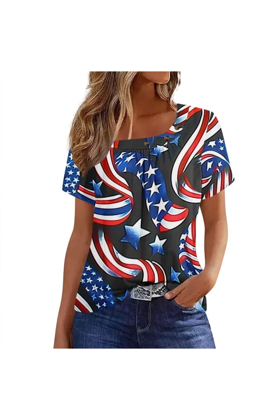Womens Short Sleeve Blouses Round Neck Short Sleeve Casual Loose Fit T Shirts Button Decor Summer Tunic Tops