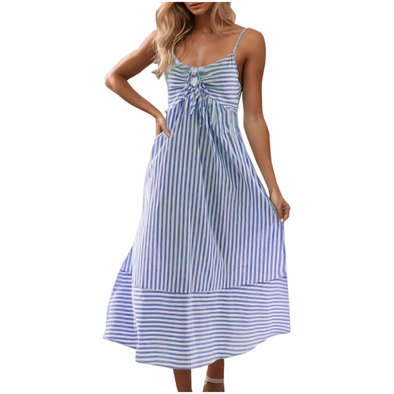 EINCcm Womens Striped Dresses V Neck Cutout Casual Spaghetti Strap Flowy Swing A Line Beach Tiered Maxi Sundress