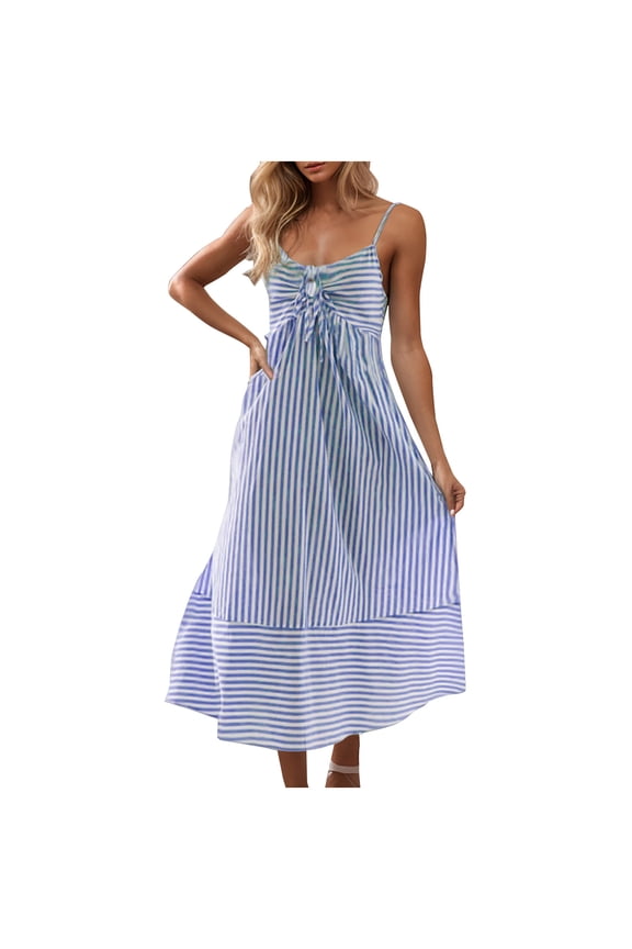 Womens Striped Dresses V Neck Cutout Casual Spaghetti Strap Flowy Swing A Line Beach Tiered Maxi Sundress