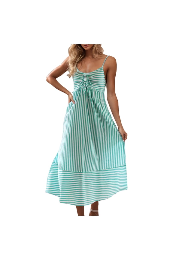 Womens Striped Dresses V Neck Cutout Casual Spaghetti Strap Flowy Swing A Line Beach Tiered Maxi Sundress