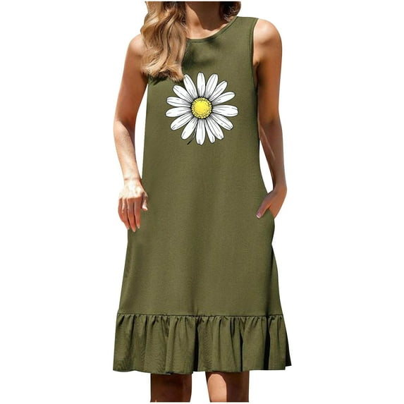 EINCcm Womens Summer Dresses Casual Floral Dresses Loose Fit Midi Dresses Sleeveless Trendy Summer Beach Clothes with Pocket
