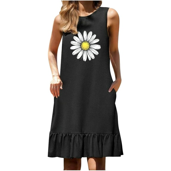 EINCcm Womens Summer Dresses Casual Floral Dresses Loose Fit Midi Dresses Sleeveless Trendy Summer Beach Clothes with Pocket