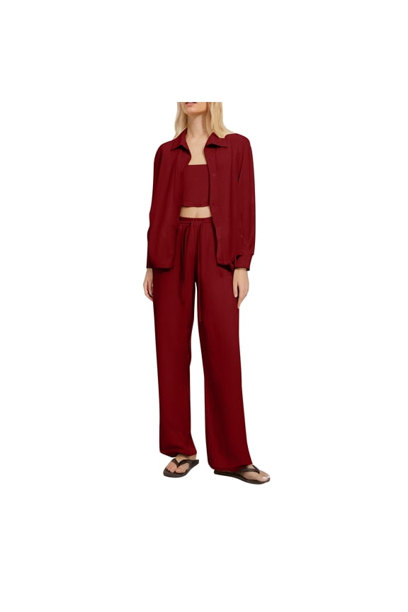 Womens Summer Outfits 3 Piece Sets Casual Twinkle Crop Tube Top Wide Leg Pants Cardigan Spring Matching Lounge Set