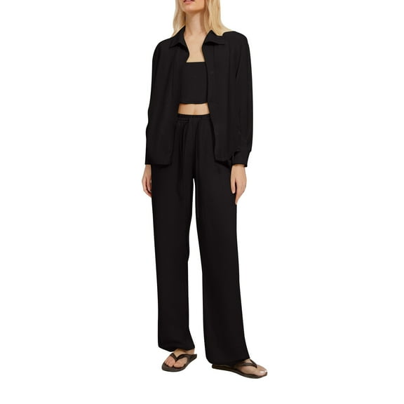 EINCcm Womens Summer Outfits 3 Piece Sets Casual Twinkle Crop Tube Top Wide Leg Pants Cardigan Spring Matching Lounge Set