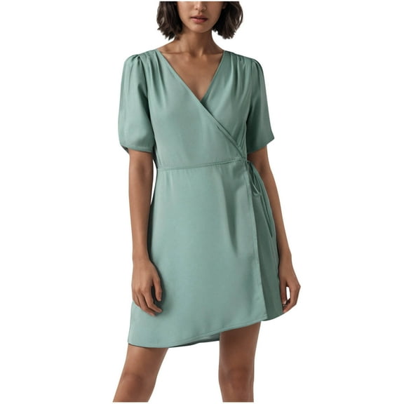 EINCcm Womens Summer Short Sleeve Casual Dresses V Neck Faux Satin Vacation Sundress Faux Wrap Mini Dress