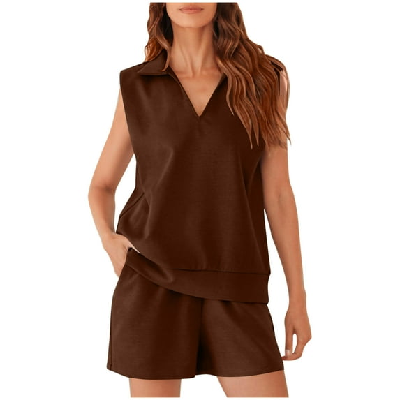 EINCcm Womens Summer Two Piece Outfits Lounge Sets Sleeveless V Neck Tee Shirts Tops and Shorts Tracksuit with Pockets