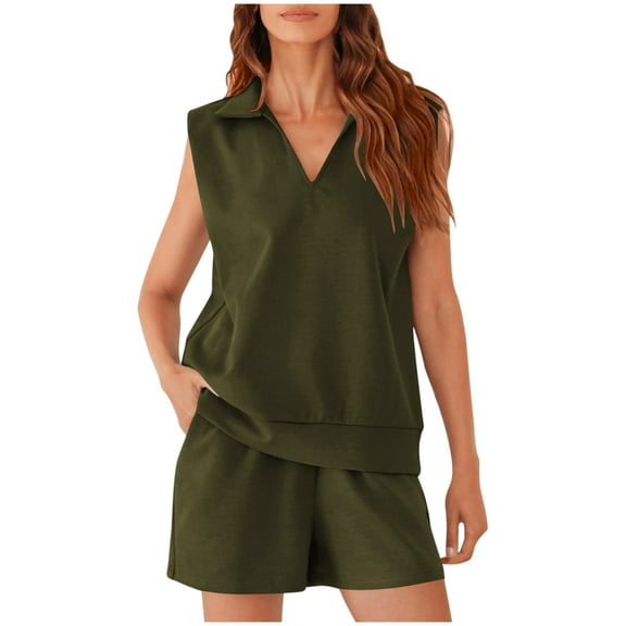 EINCcm Womens Summer Two Piece Outfits Lounge Sets Sleeveless V Neck Tee Shirts Tops and Shorts Tracksuit with Pockets