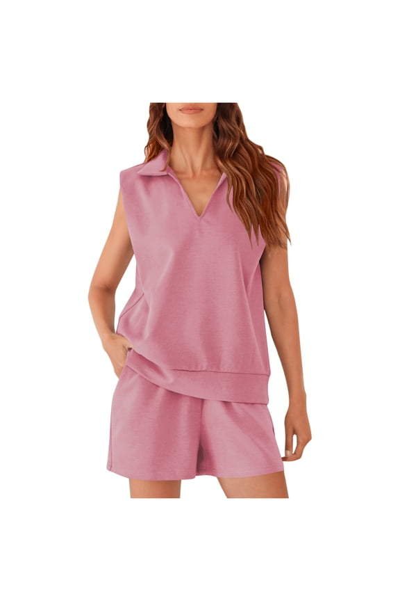Womens Summer Two Piece Outfits Lounge Sets Sleeveless V Neck Tee Shirts Tops and Shorts Tracksuit with Pockets