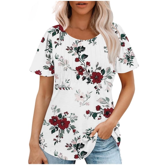 EINCcm Womens Tops 2024 Summer Casual Pleated Loose Fit Round Neck Short Sleeve Tshirts Comfy Lightweight Going Out Tunic Blouse Tops