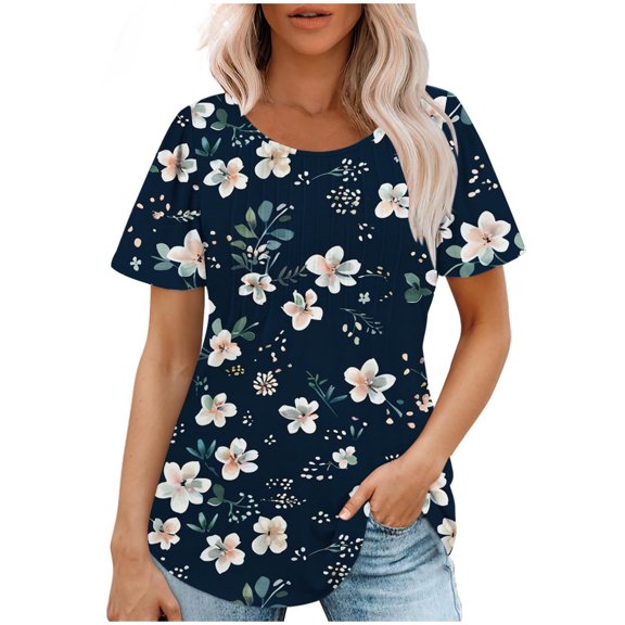 EINCcm Womens Tops 2024 Summer Casual Pleated Loose Fit Round Neck Short Sleeve Tshirts Comfy Lightweight Going Out Tunic Blouse Tops