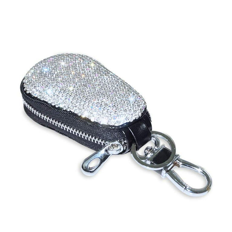EING Bling Bling Car Key Chain Case Premium Leather Coin Holder Zipper Case Remote Wallet Bag Silver