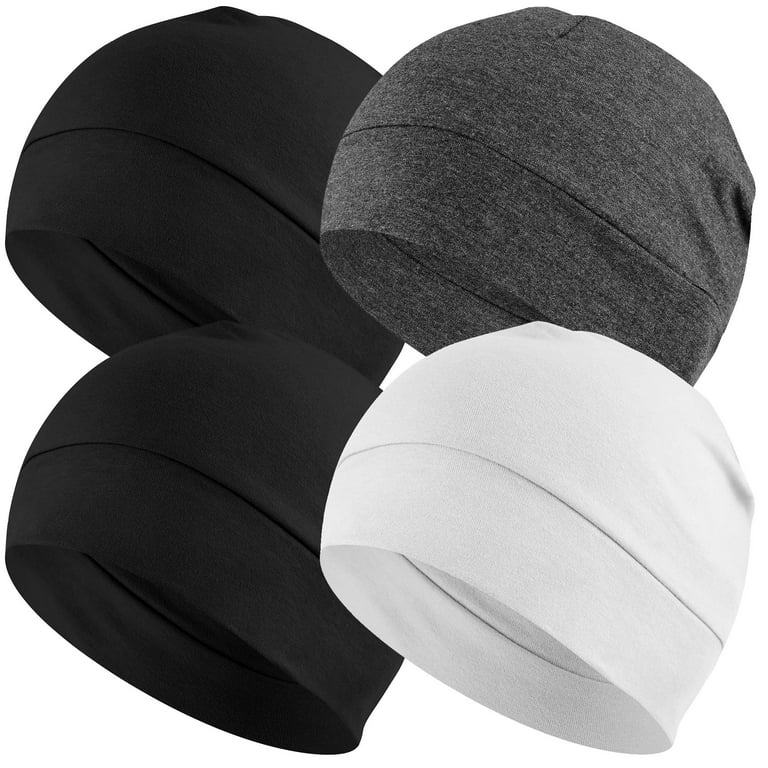 EINSKEY Cotton Skull Cap 4 Pack Thin Cancer Chemo Hat Beanies for Men Women 2 Black Grey White