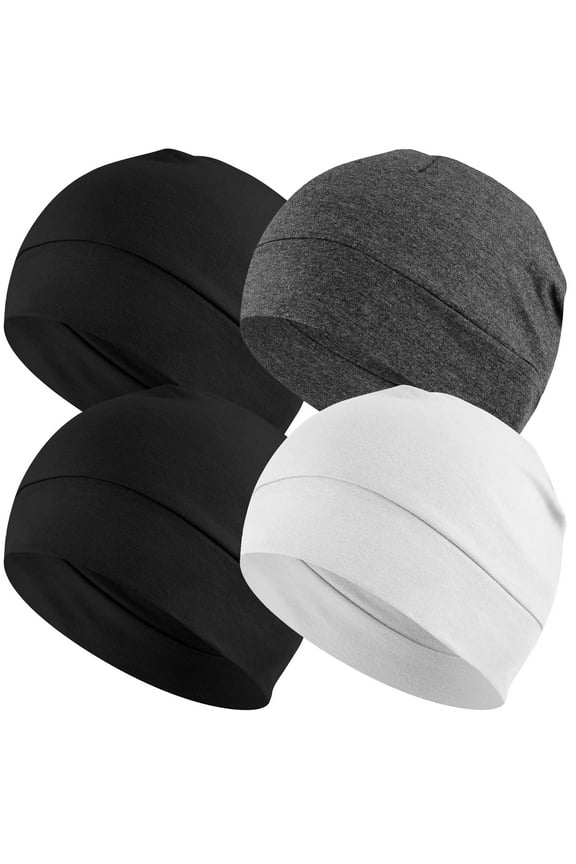 Cotton Skull Cap 4 Pack Thin Cancer Chemo Hat Beanies for Men Women,2 Black,Grey,White