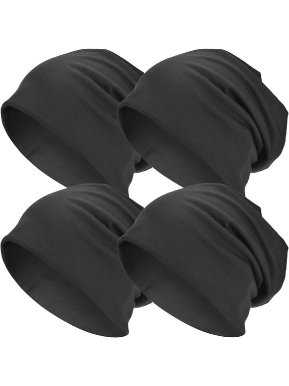 Cotton Slouchy Beanie Hat Skull Cap for Men Women, Thin Oversized Sleeping Chemo Head Covers - 4 Pack Black