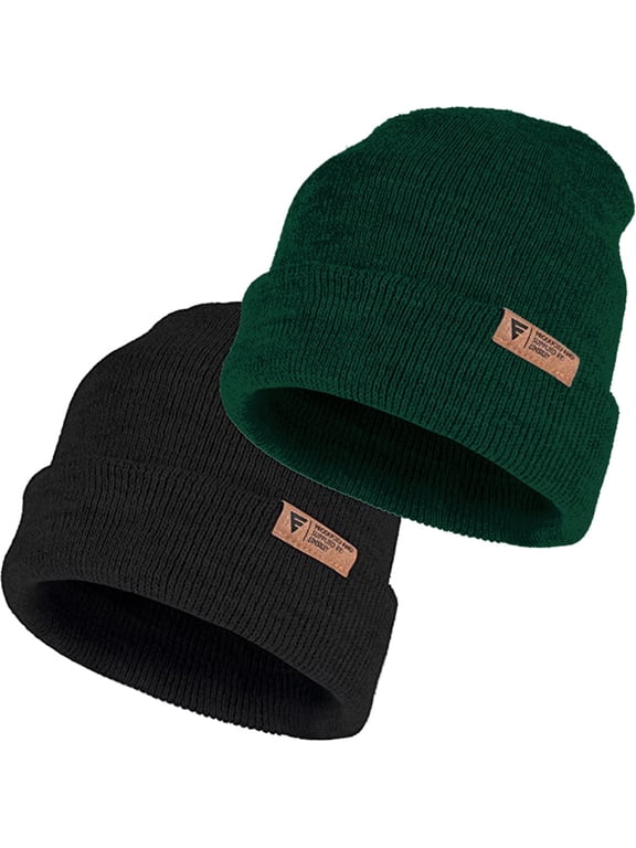 Knit Cuffed Lined Beanie, 2-Pack Skull Cap Beanie Stocking Hats For Men Women Fall Winter - Black Green