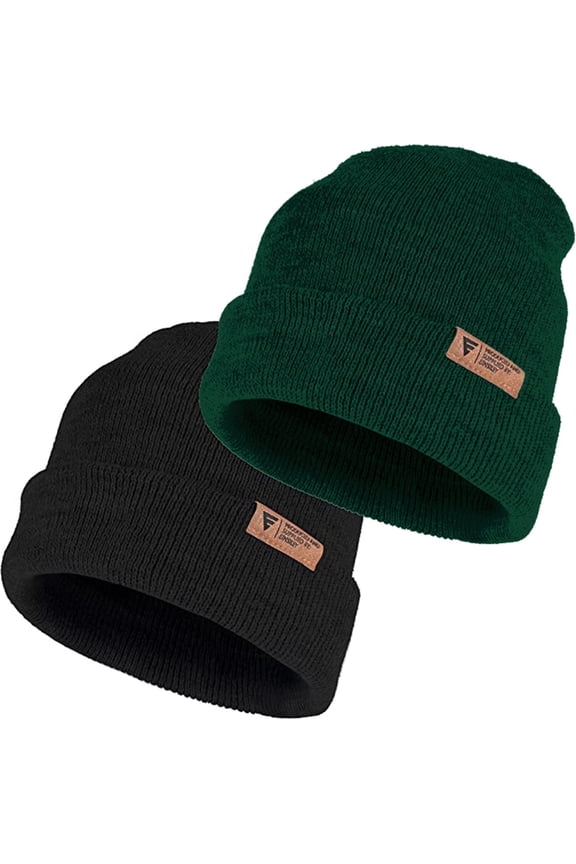 Knit Cuffed Lined Beanie, 2-Pack Skull Cap Beanie Stocking Hats For Men Women Fall Winter - Black Green