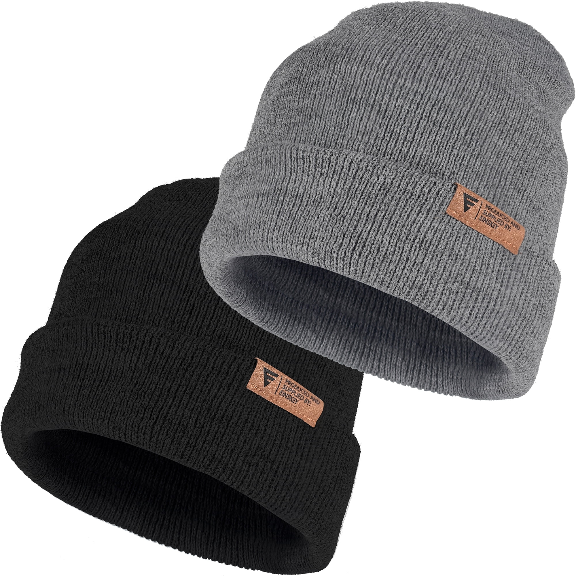 Knit Cuffed Lined Beanie, 2-Pack Skull Cap Beanie Stocking Hats For Men Women Fall Winter - Black Grey