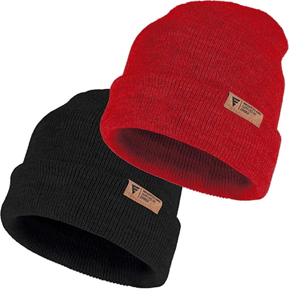 EINSKEY Knit Cuffed Lined Beanie, 2-Pack Skull Cap Beanie Stocking Hats For Men Fall Winter - Black Red