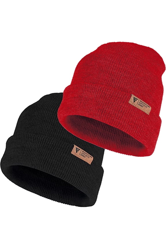 Knit Cuffed Lined Beanie, 2-Pack Skull Cap Beanie Stocking Hats For Men Women Fall Winter - Black Red