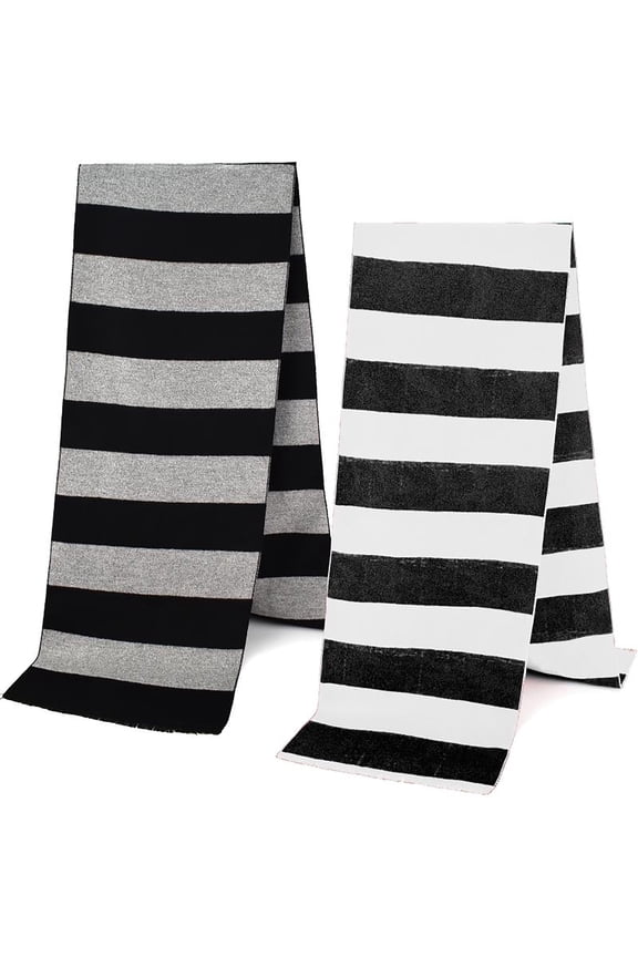 2-Pack Long Winter Scarves with Tassel for Men Women - Black Grey, Striped