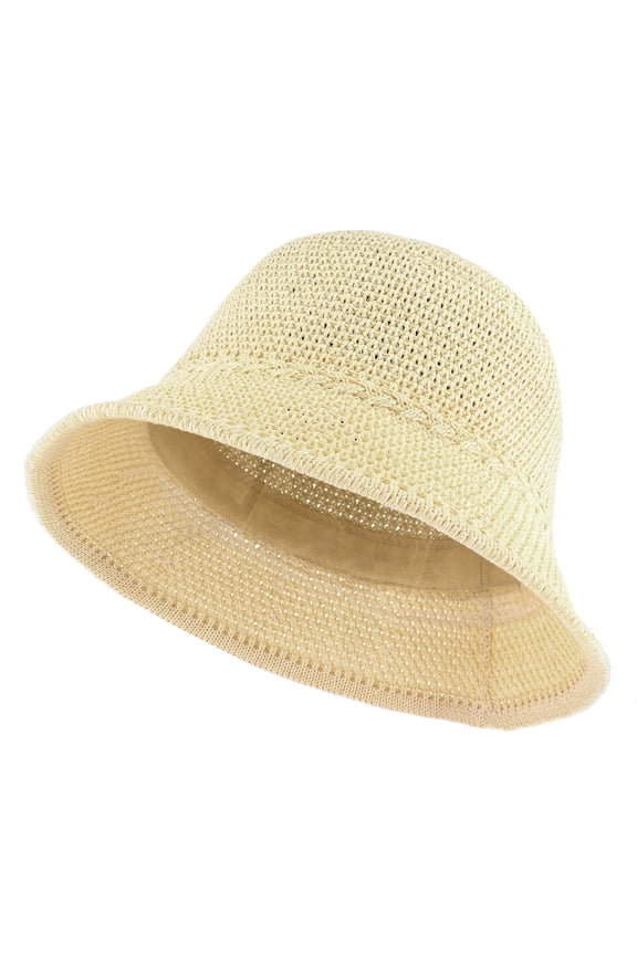 Packable Straw Bucket Hat for Women, Summer Beach Bucket Hat Foldable Woven Beige